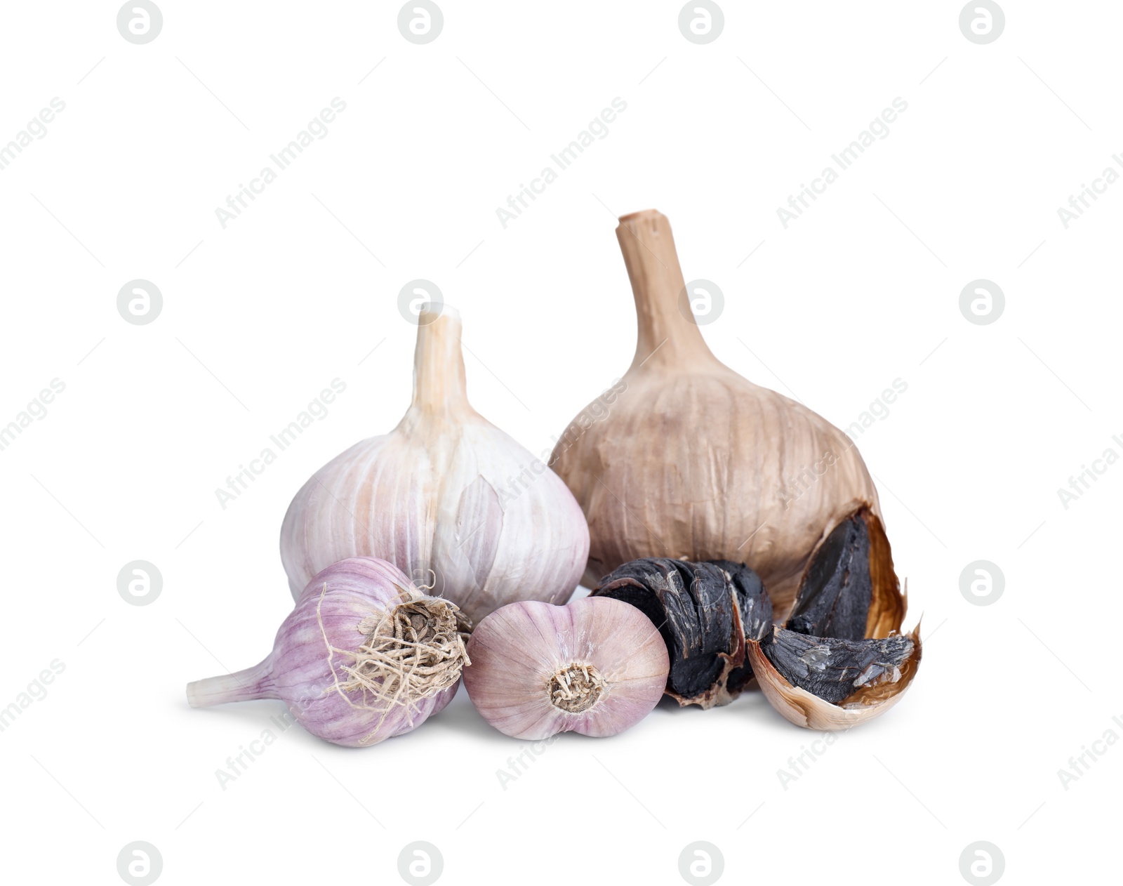 Photo of Fresh and fermented black garlic isolated on white