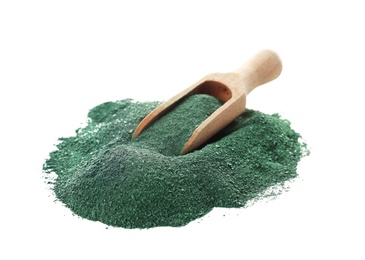 Photo of Spirulina algae powder and scoop on white background
