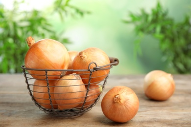 Photo of Metal basket and ripe onions on wooden table against blurred background, space for text