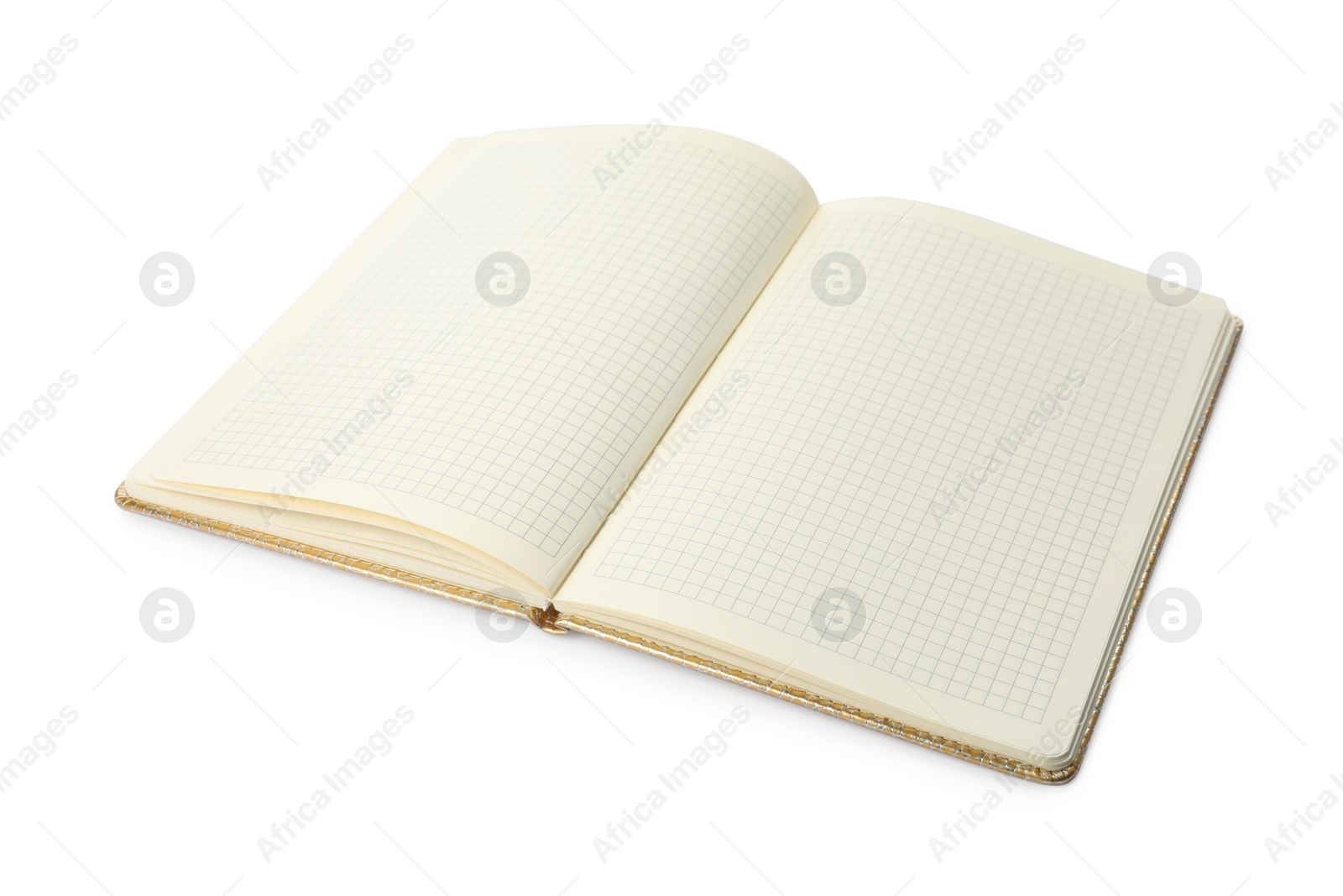 Photo of Stylish open notebook with blank sheets isolated on white