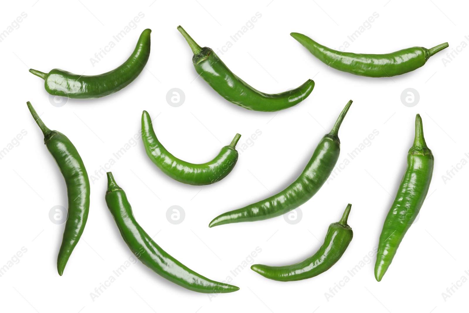 Image of Set with green hot chili peppers on white background
