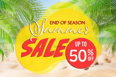 Hot summer sale flyer design. Beautiful view on sandy beach and text