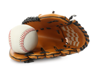 Leather baseball glove with ball isolated on white