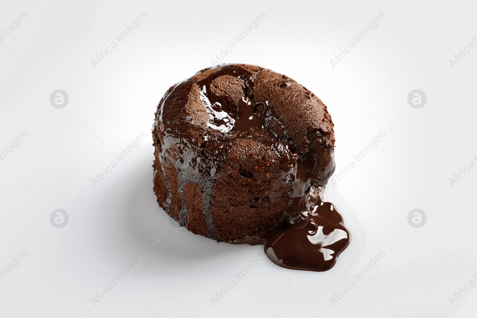 Photo of Delicious fresh fondant with hot chocolate on white background. Lava cake recipe