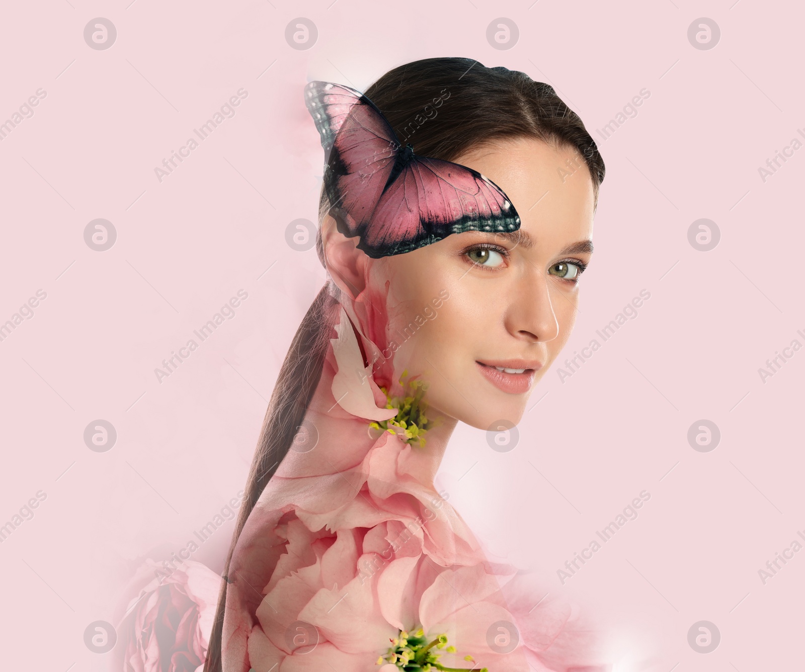 Image of Double exposure of beautiful woman, blooming flowers and butterfly on light pink background