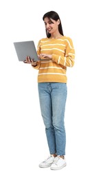 Happy woman using laptop on white background