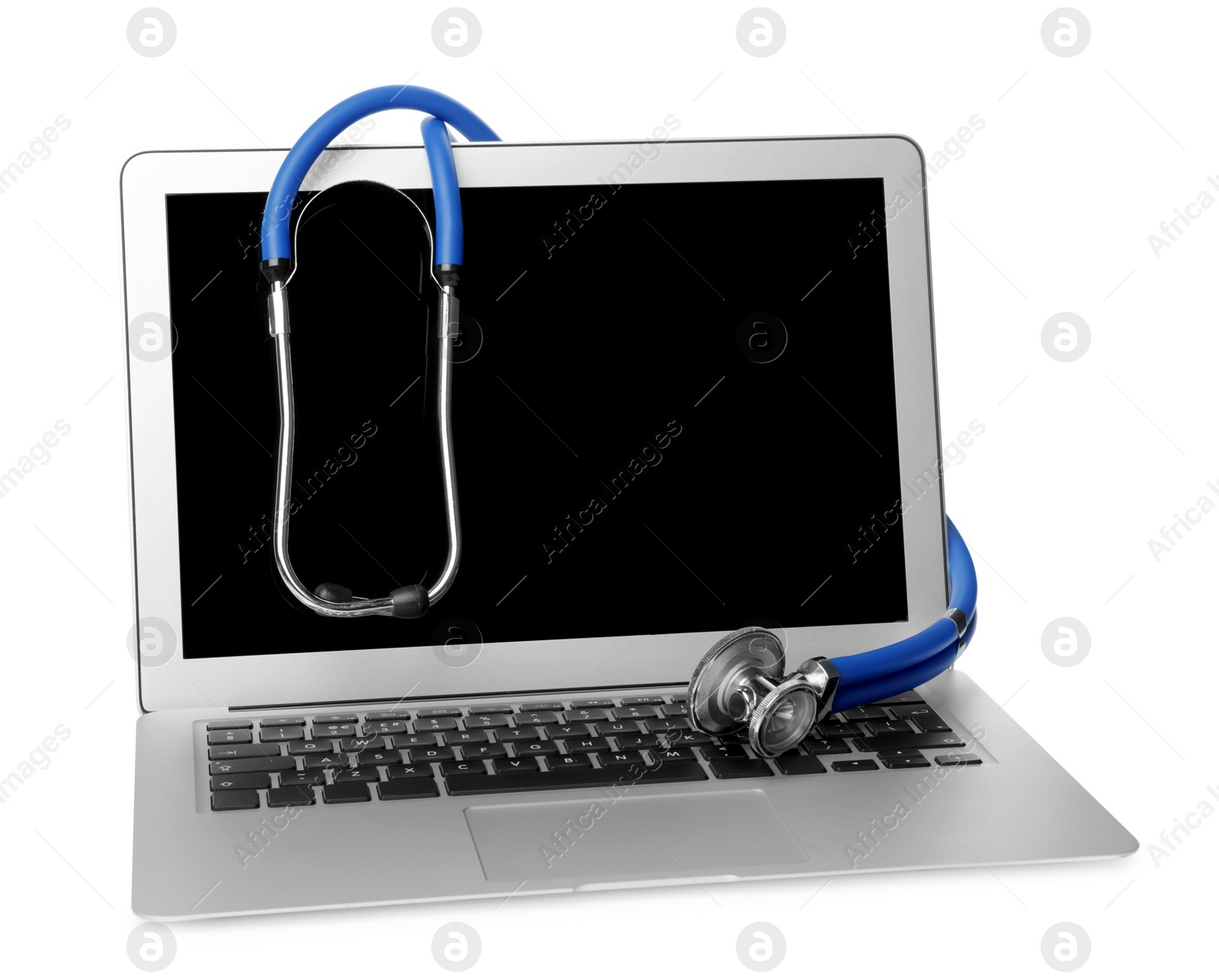 Photo of Laptop with blank screen and stethoscope on white background. Computer repair