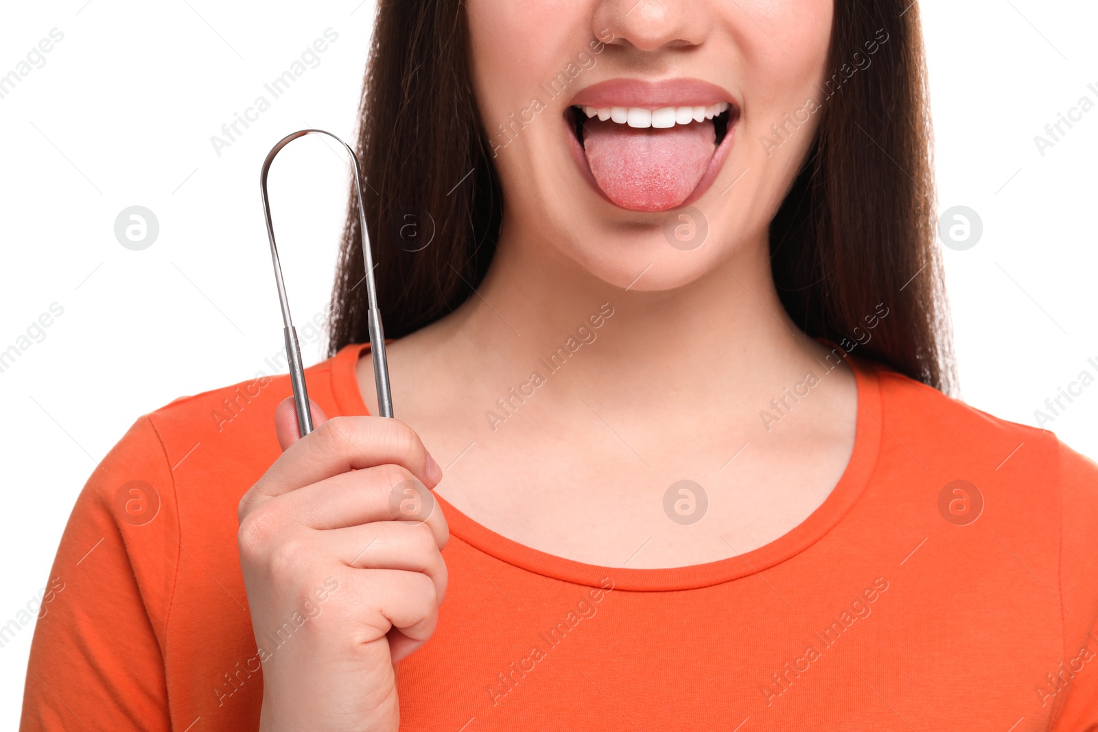 Photo of Woman with tongue cleaner on white background, closeup