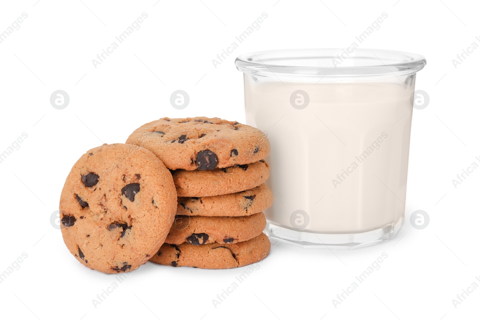 Photo of Delicious chocolate chip cookies and milk isolated on white