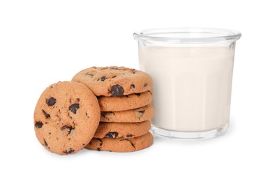 Photo of Delicious chocolate chip cookies and milk isolated on white