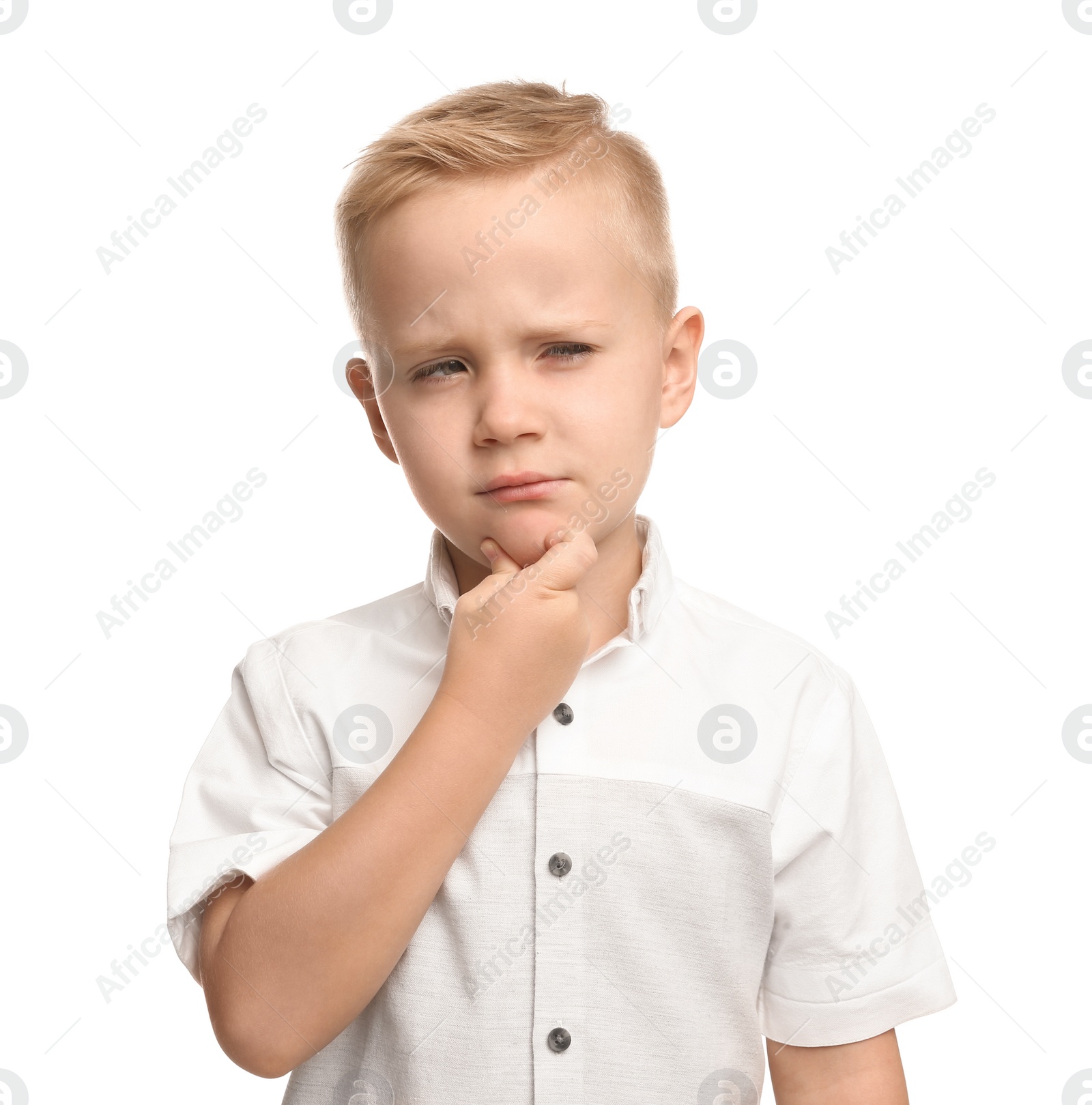 Photo of Portrait of cute little boy on white background