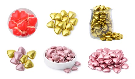 Image of Set with heart-shaped candies isolated on white