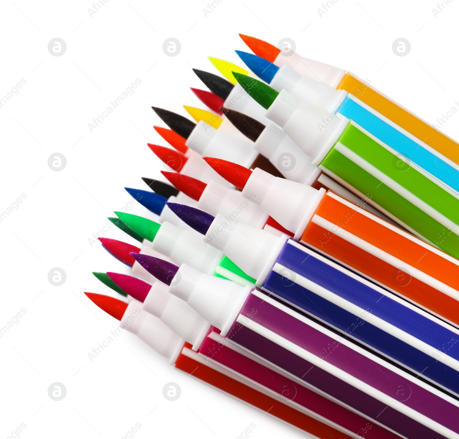 Photo of Many bright markers isolated on white, top view