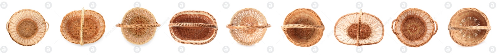 Image of Set with different wicker baskets on white background, top view. Banner design 