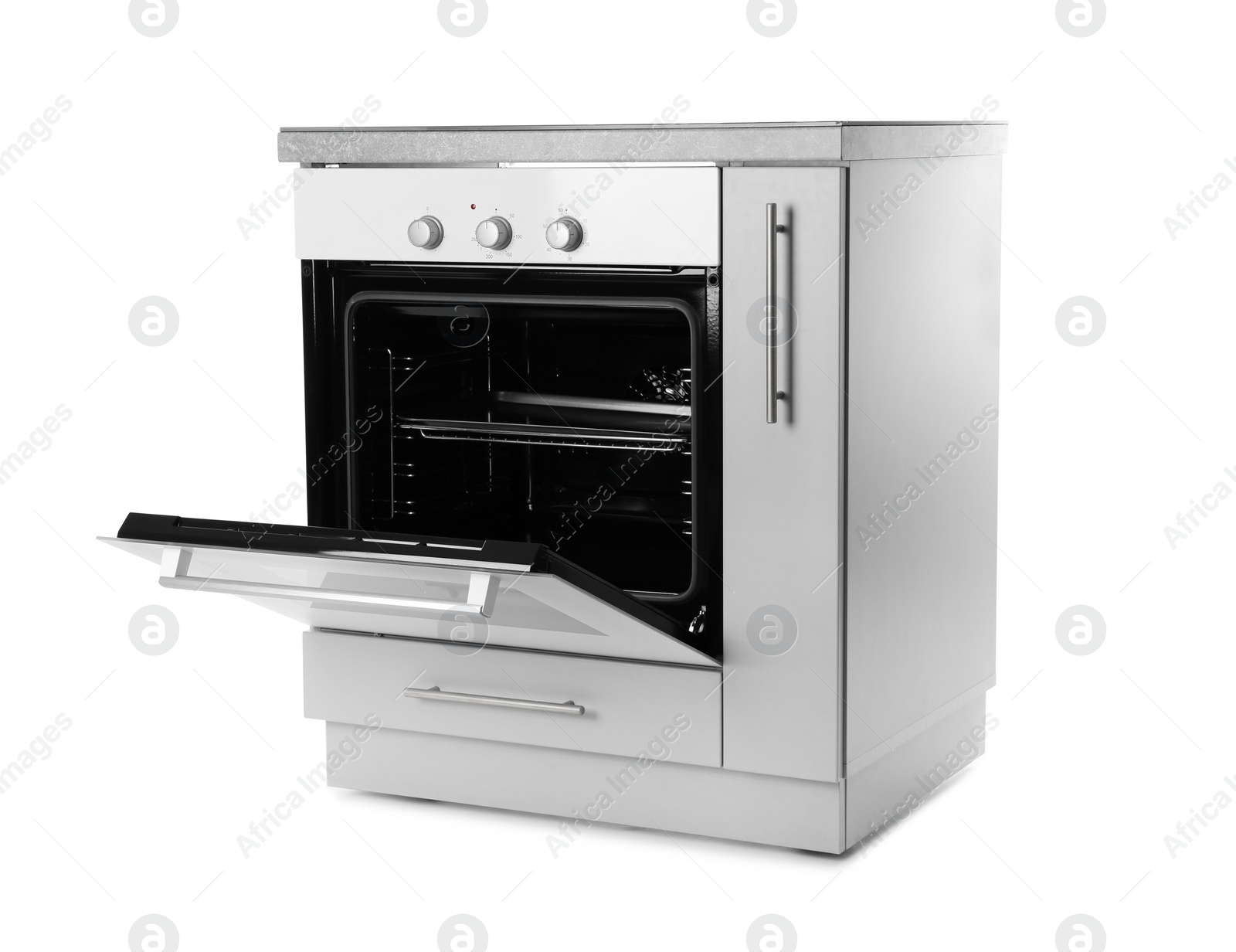 Photo of Open modern electric oven on white background. Kitchen appliance