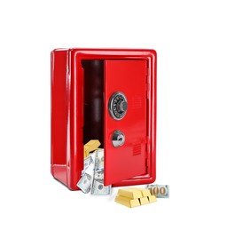 Image of Open red steel safe with money and gold bars on white background