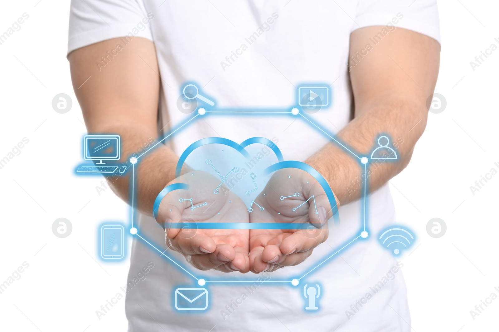Image of Cloud technology concept. Man with open hands on white background, closeup