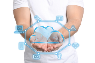 Cloud technology concept. Man with open hands on white background, closeup