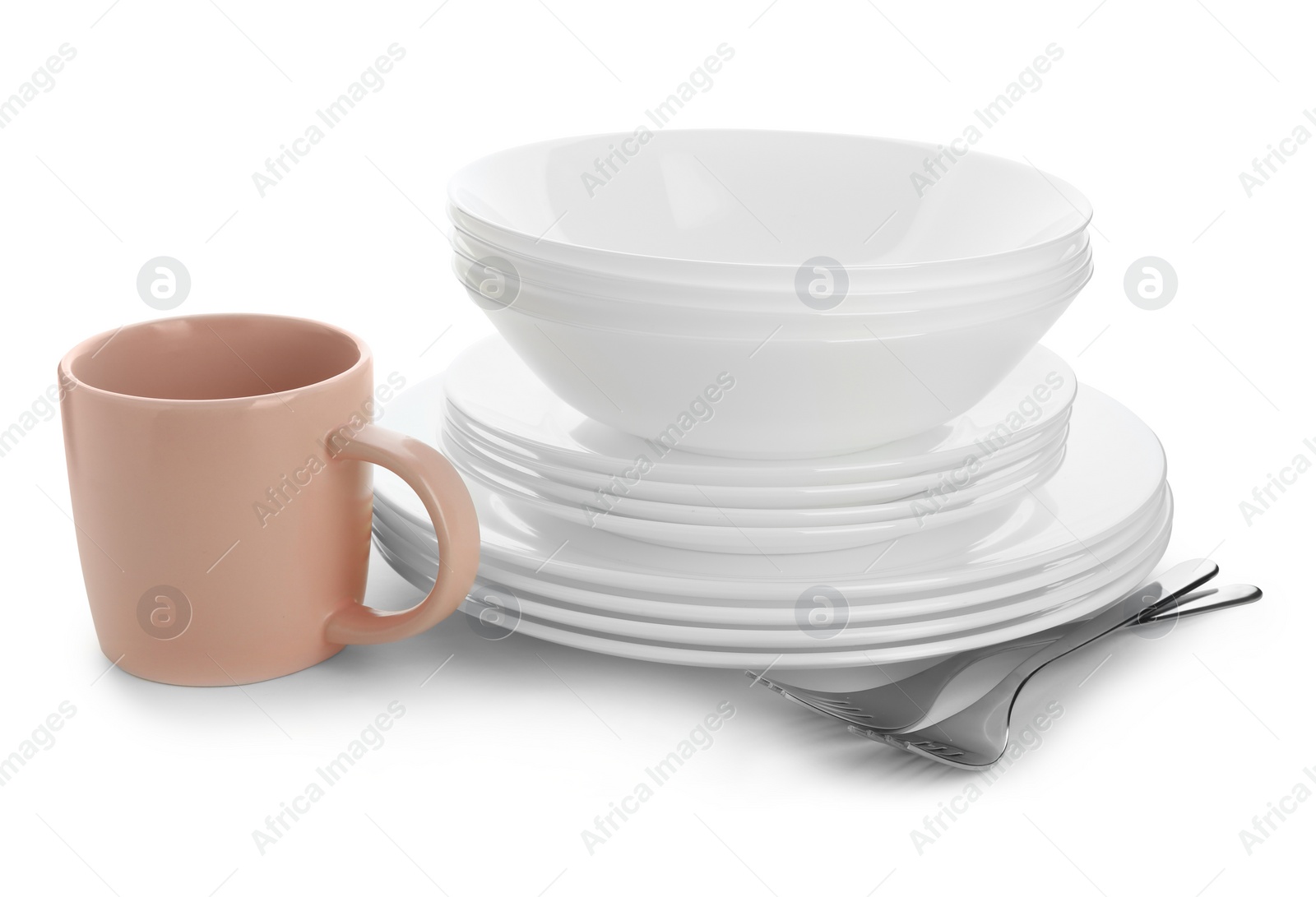 Photo of Different clean tableware on white background