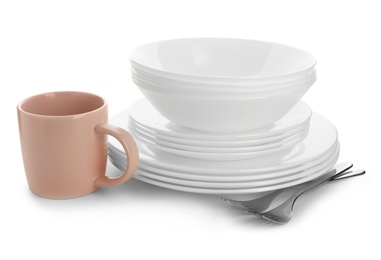 Photo of Different clean tableware on white background