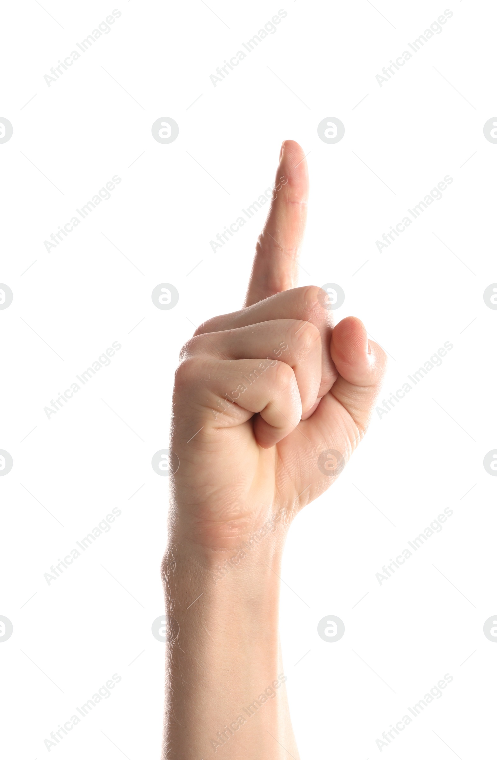 Photo of Man pointing at something on white background, closeup of hand