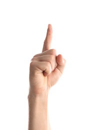 Photo of Man pointing at something on white background, closeup of hand