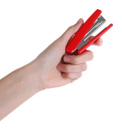 Photo of Woman holding red stapler on white background, closeup