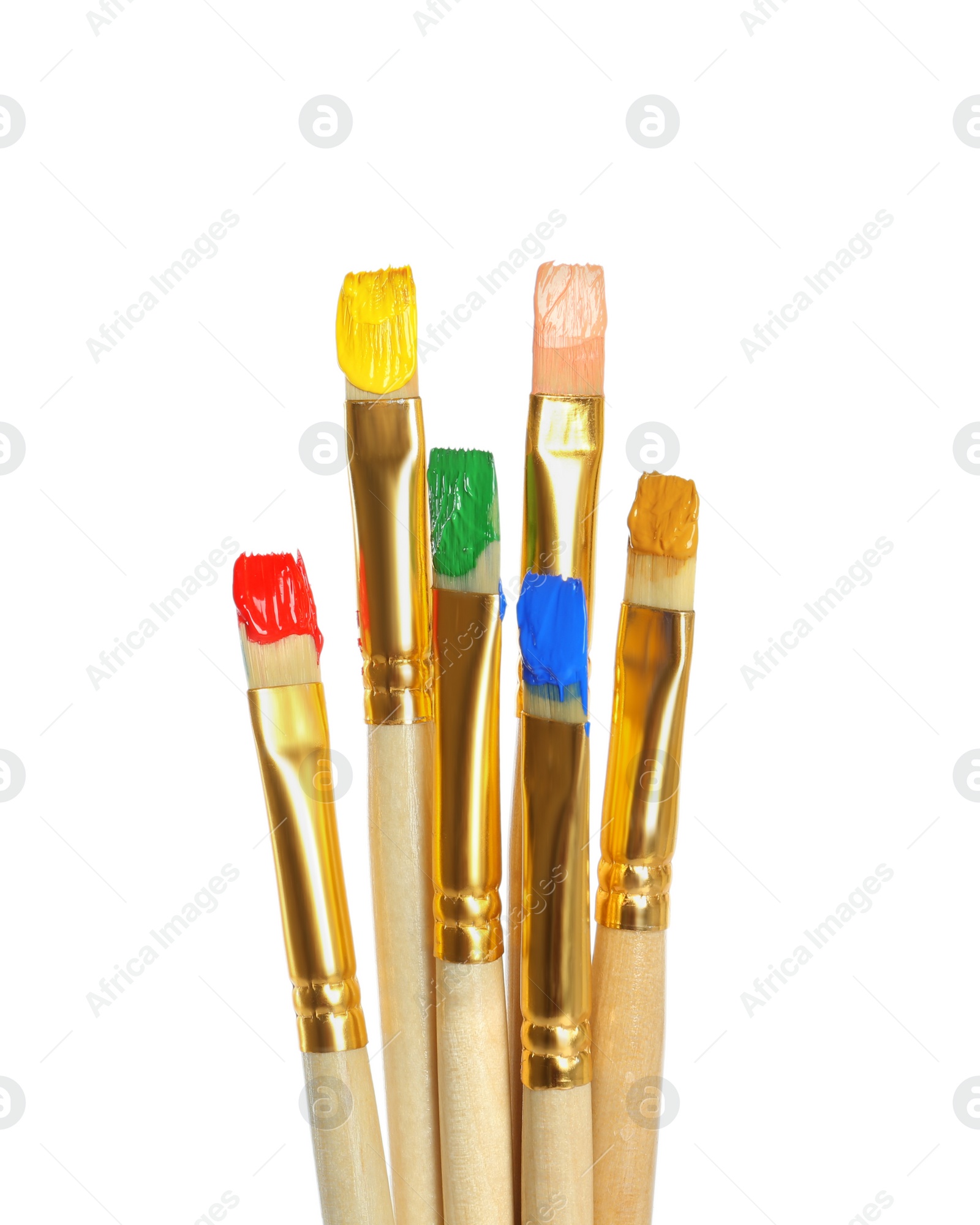 Photo of Brushes with bright paints on white background