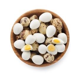 Photo of Unpeeled and peeled hard boiled quail eggs in bowl on white background, top view