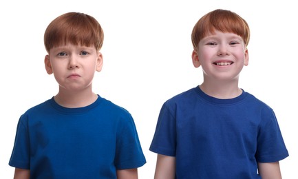 Image of Boy showing different emotions on white background, collage