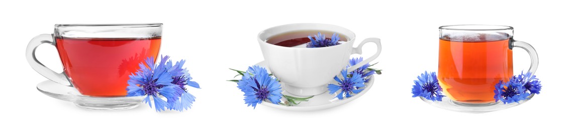 Image of Set with cornflower tea on white background. Banner design