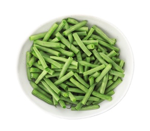 Photo of Fresh green beans in bowl isolated on white, top view