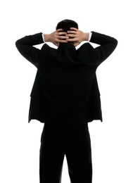 Photo of Businessman in formal suit on white background, back view