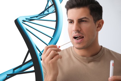 Image of Man taking sample for genetic testing on white background. Illustration of DNA structure
