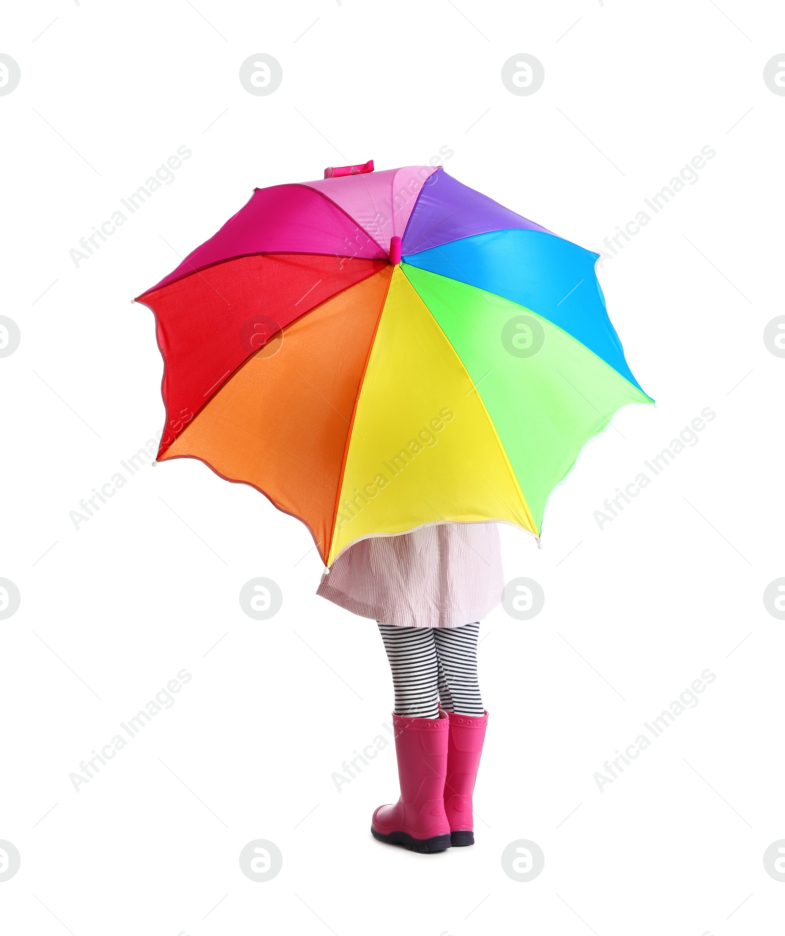 Photo of Little girl with rainbow umbrella on white background