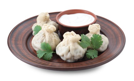 Photo of Tasty khinkali (dumplings) with sauce and spices isolated on white. Georgian cuisine