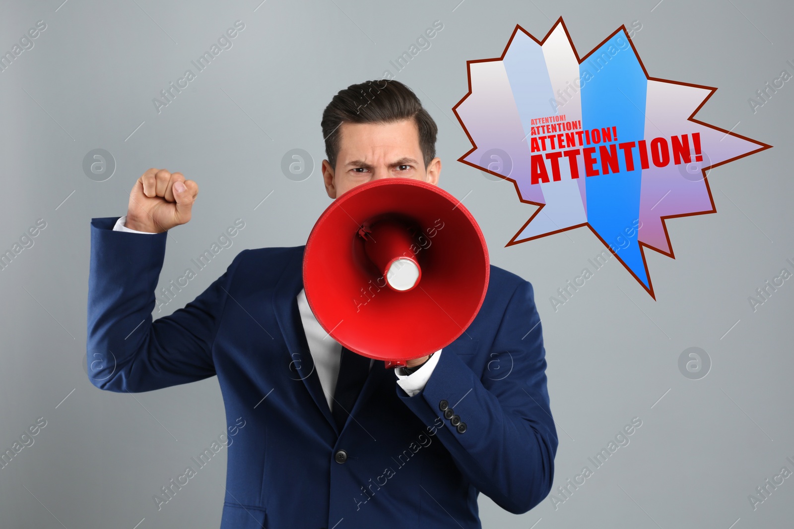 Image of Handsome man with megaphone on grey background