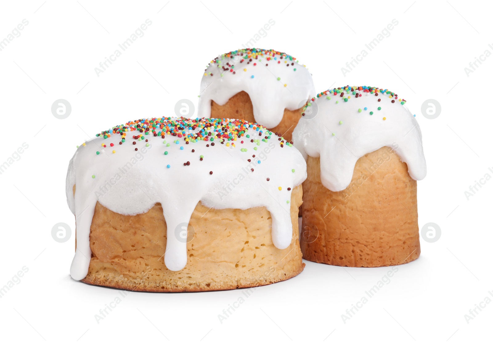 Photo of Traditional decorated Easter cakes on white background