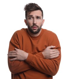 Photo of Man suffering from fever on white background. Cold symptoms