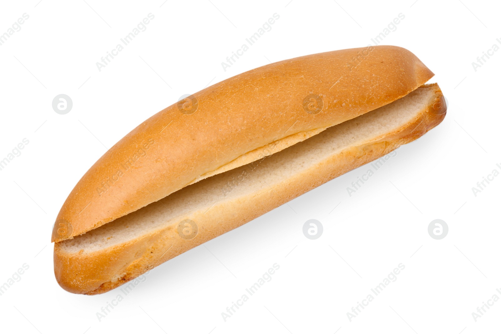 Photo of One fresh hot dog bun isolated on white, top view