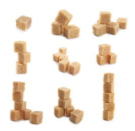 Image of Set with cubes of brown sugar on white background