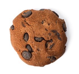 Photo of Tasty cookie with chocolate chips on white background, top view