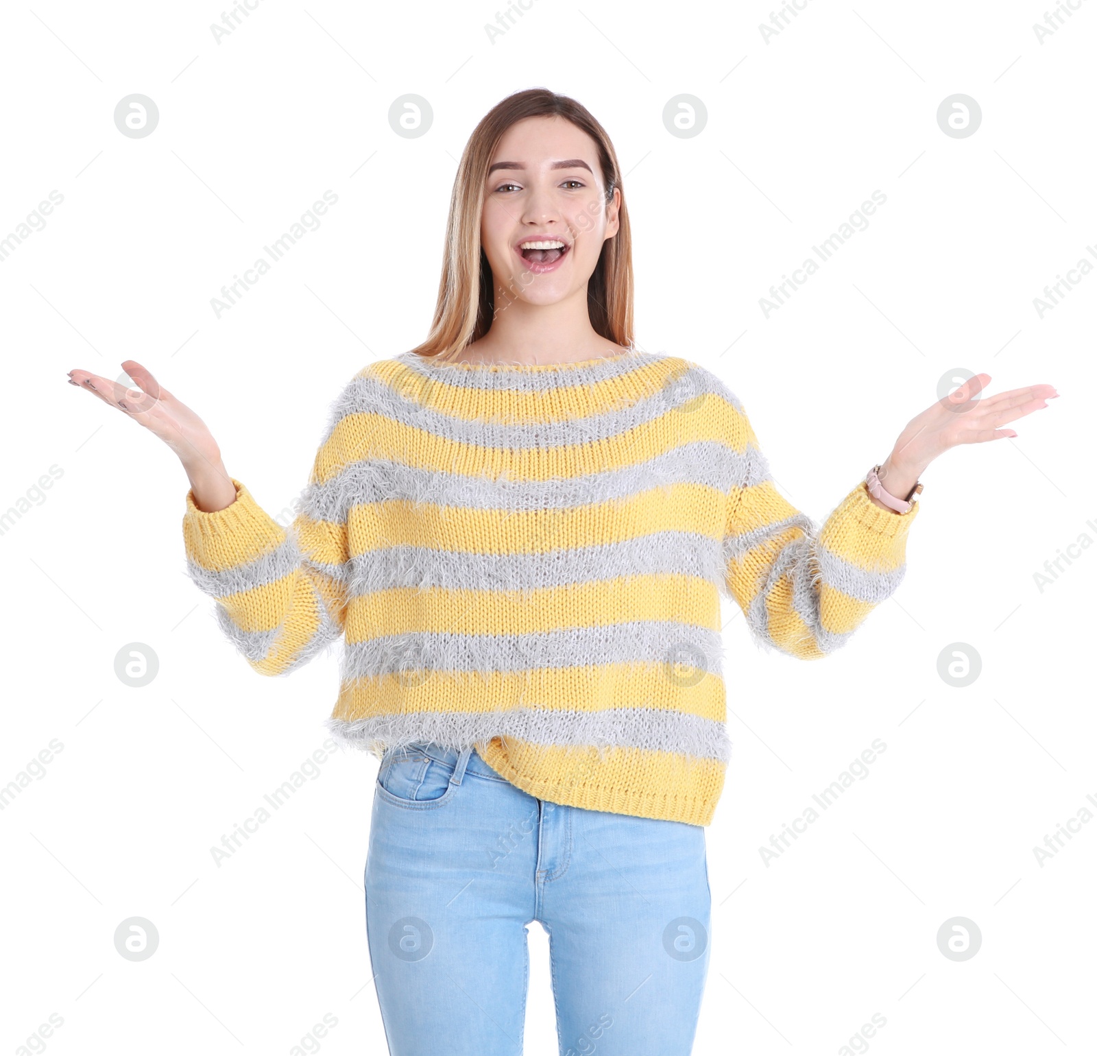 Photo of Portrait of emotional teenage girl on white background