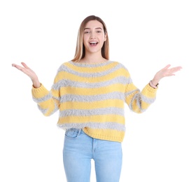 Portrait of emotional teenage girl on white background