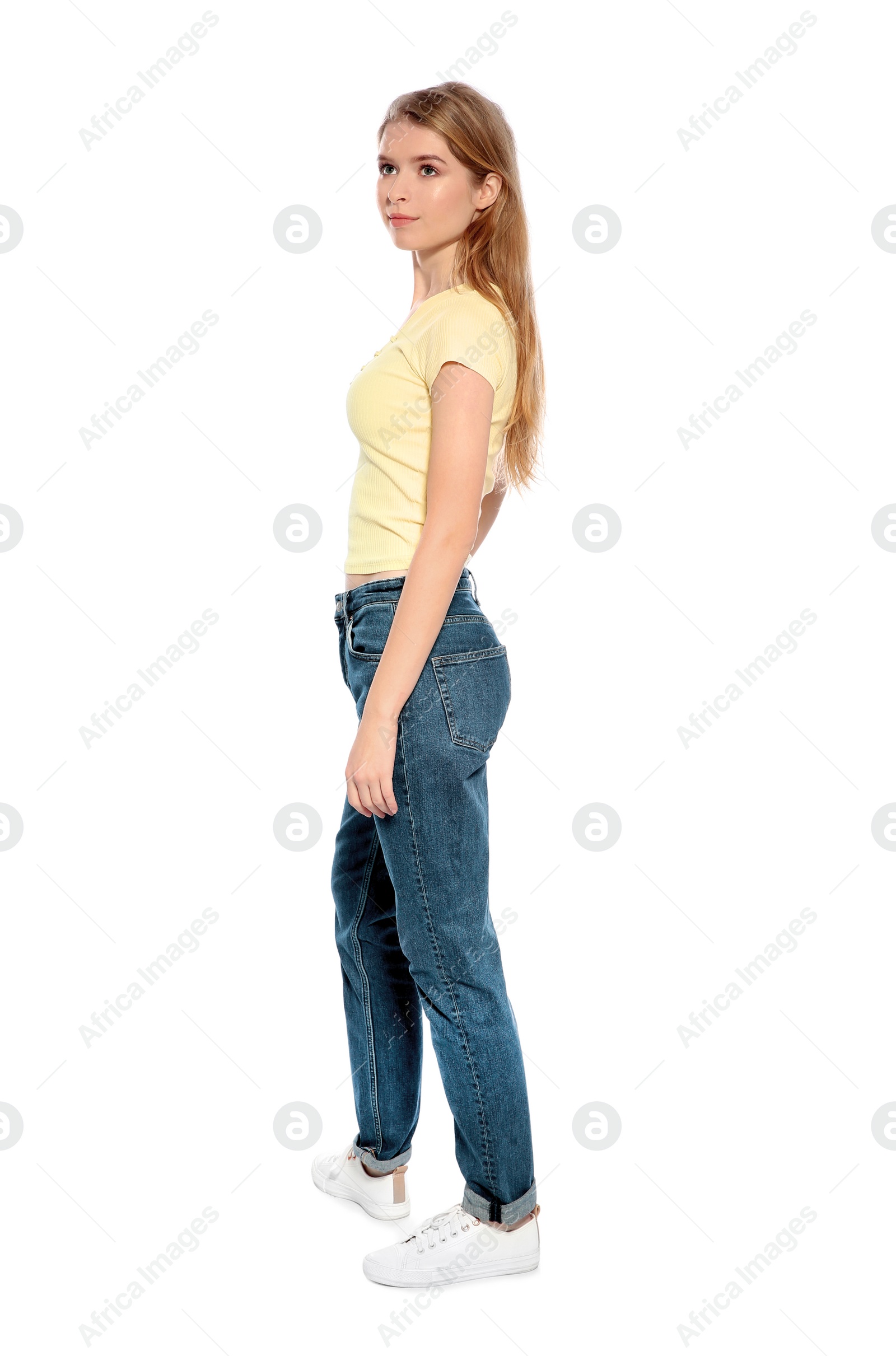 Photo of Portrait of beautiful young woman on white background