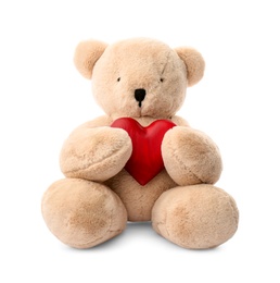 Photo of Cute teddy bear with red heart isolated on white. Valentine's day celebration