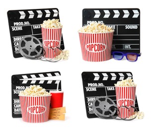Image of Set with clapperboards on white background. Cinema production