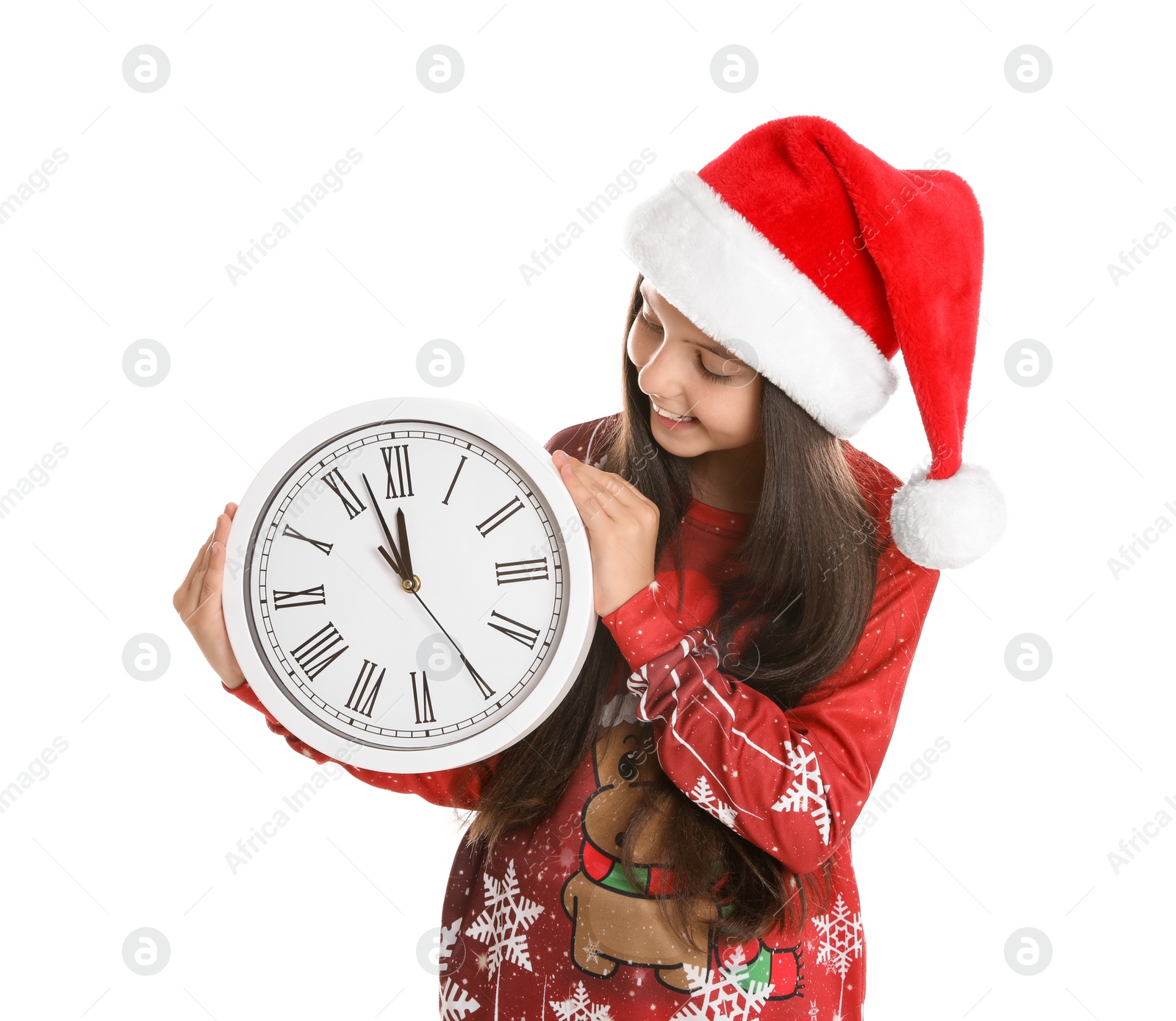 Photo of Girl in Santa hat with clock on white background. New Year countdown