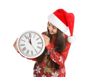 Girl in Santa hat with clock on white background. New Year countdown