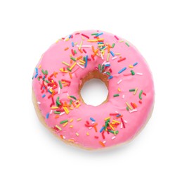 Photo of Glazed donut decorated with sprinkles isolated on white, top view. Tasty confectionery